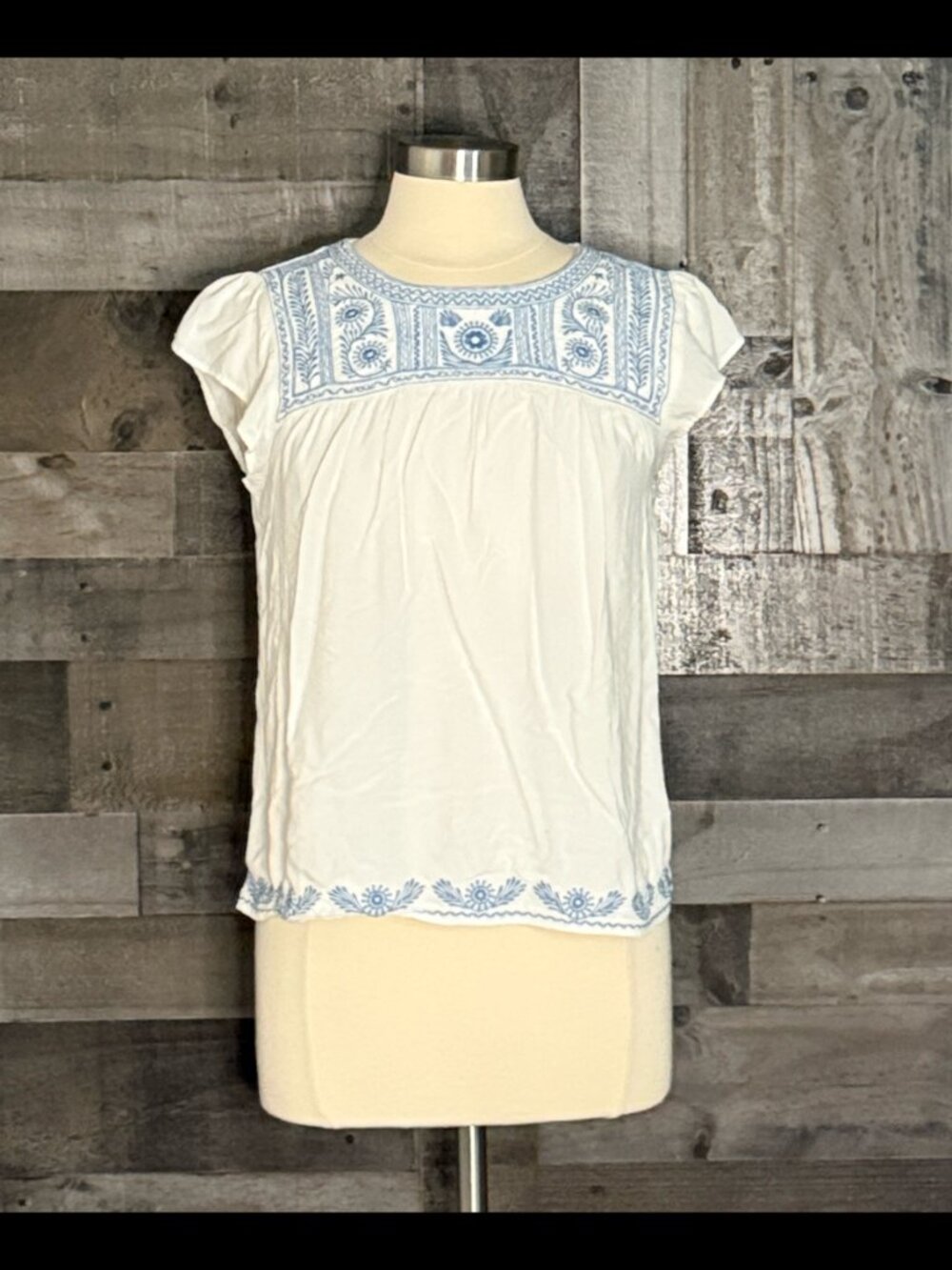 White Puebla top medium blue floral embroidery fiesta festival boho summer